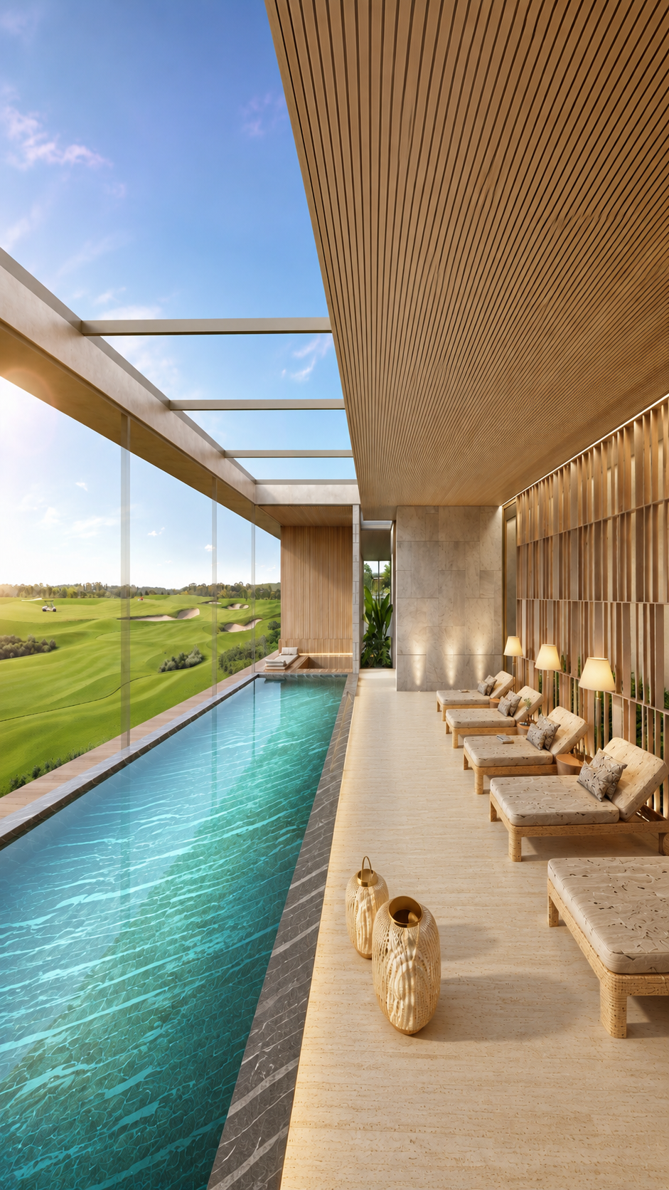 Piscina de borda infinita do spa com vista para o campo de golfe