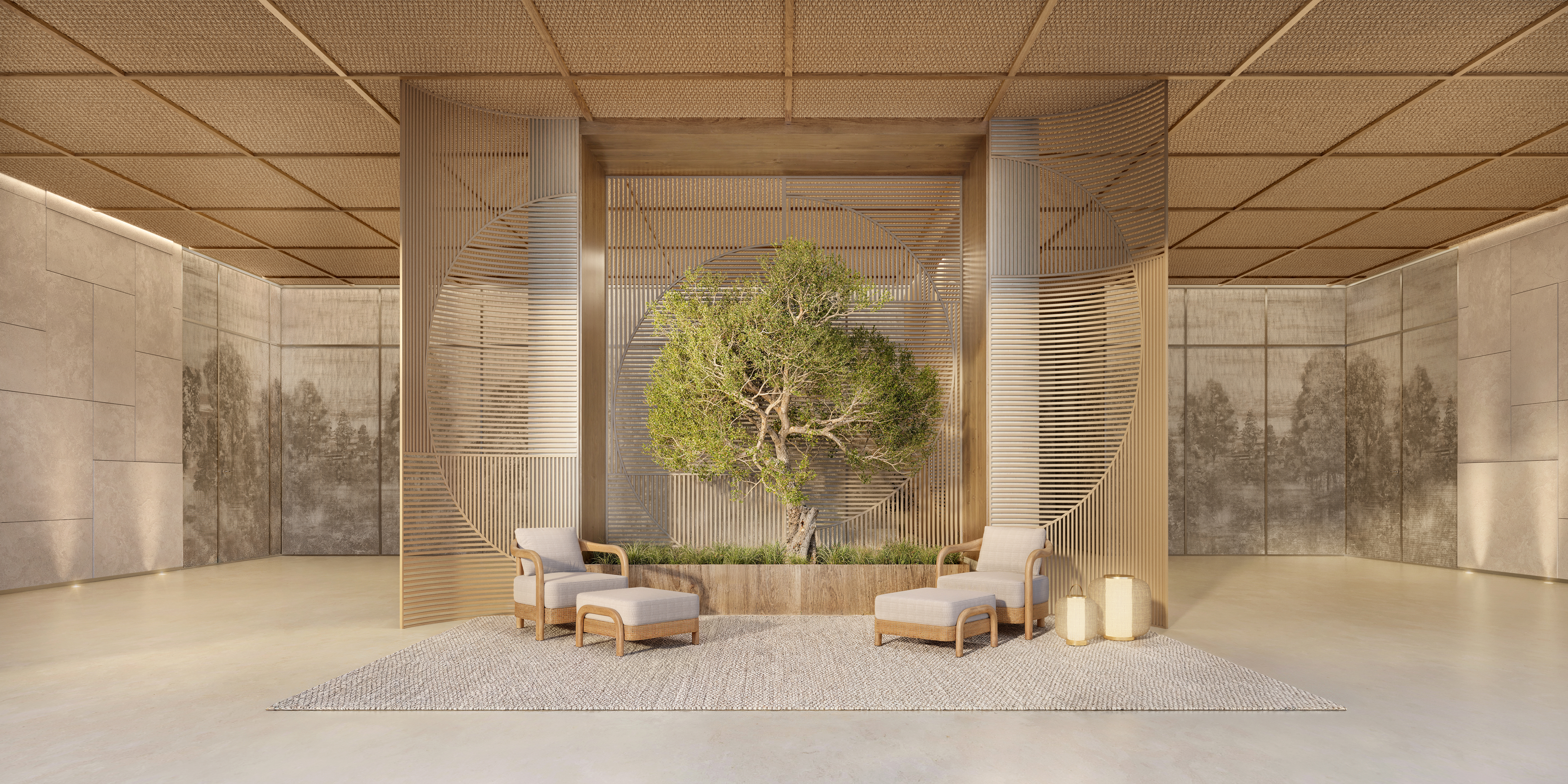 Lobby Armani/Casa — pedra, madeira e luz natural