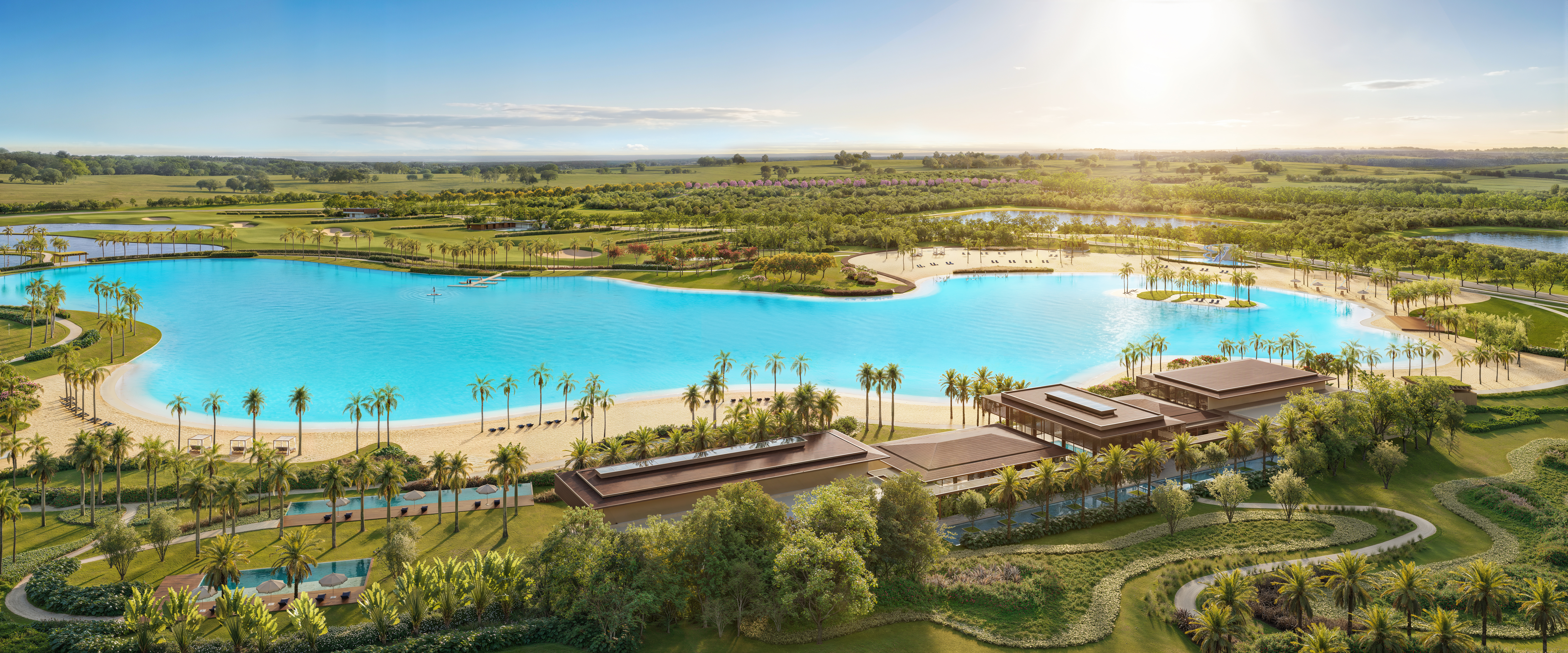Heritage Riviera — vista aérea da lagoa Crystal Lagoons, orla e clube